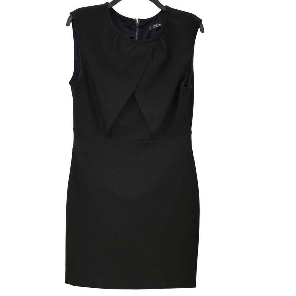 Mango MNG Basic Midnight Blue Sleeveless Sheath Dress Pleated Neck Detail Large
